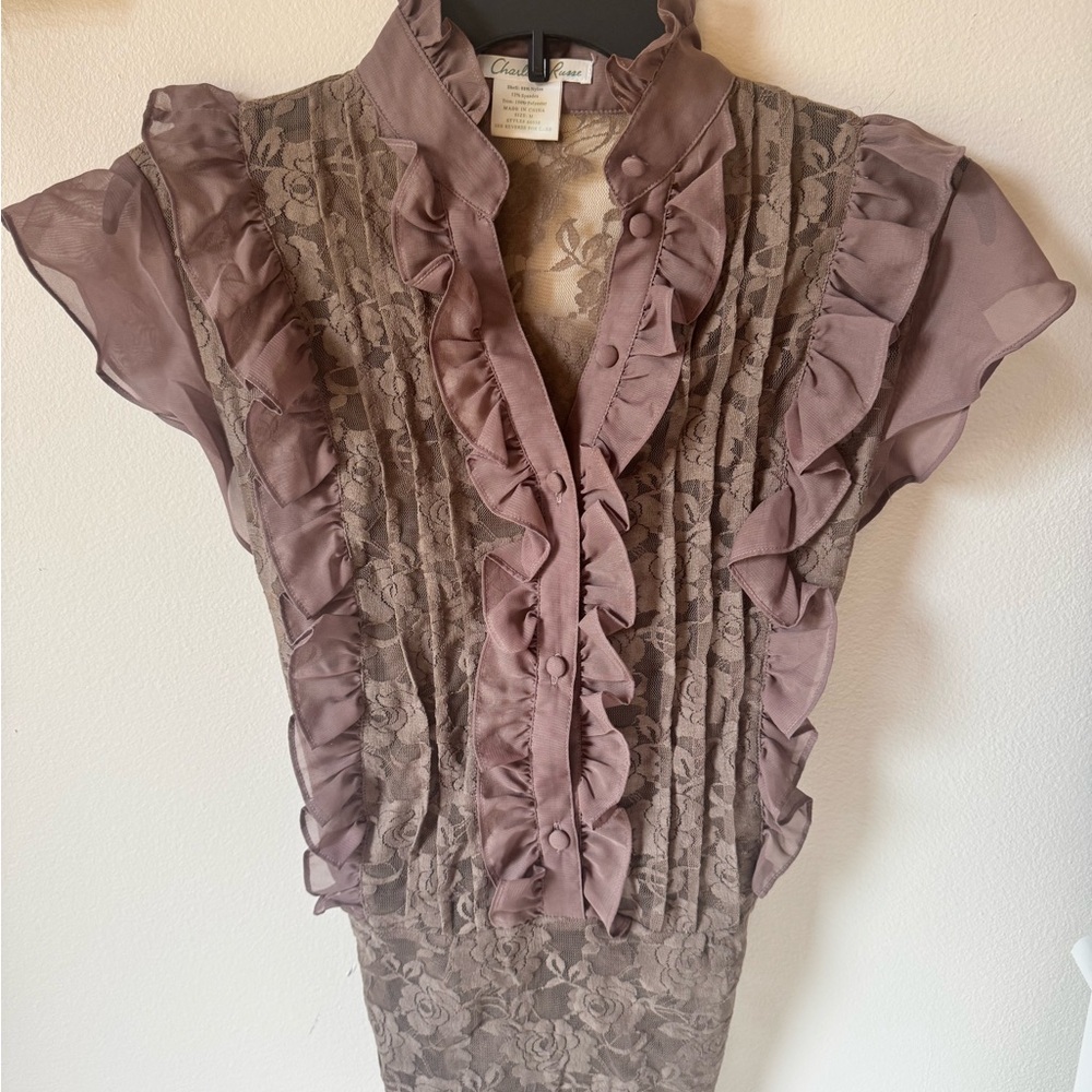 Charlotte Russe Mauve Lace Ruffle Cap-Sleeve Blouse